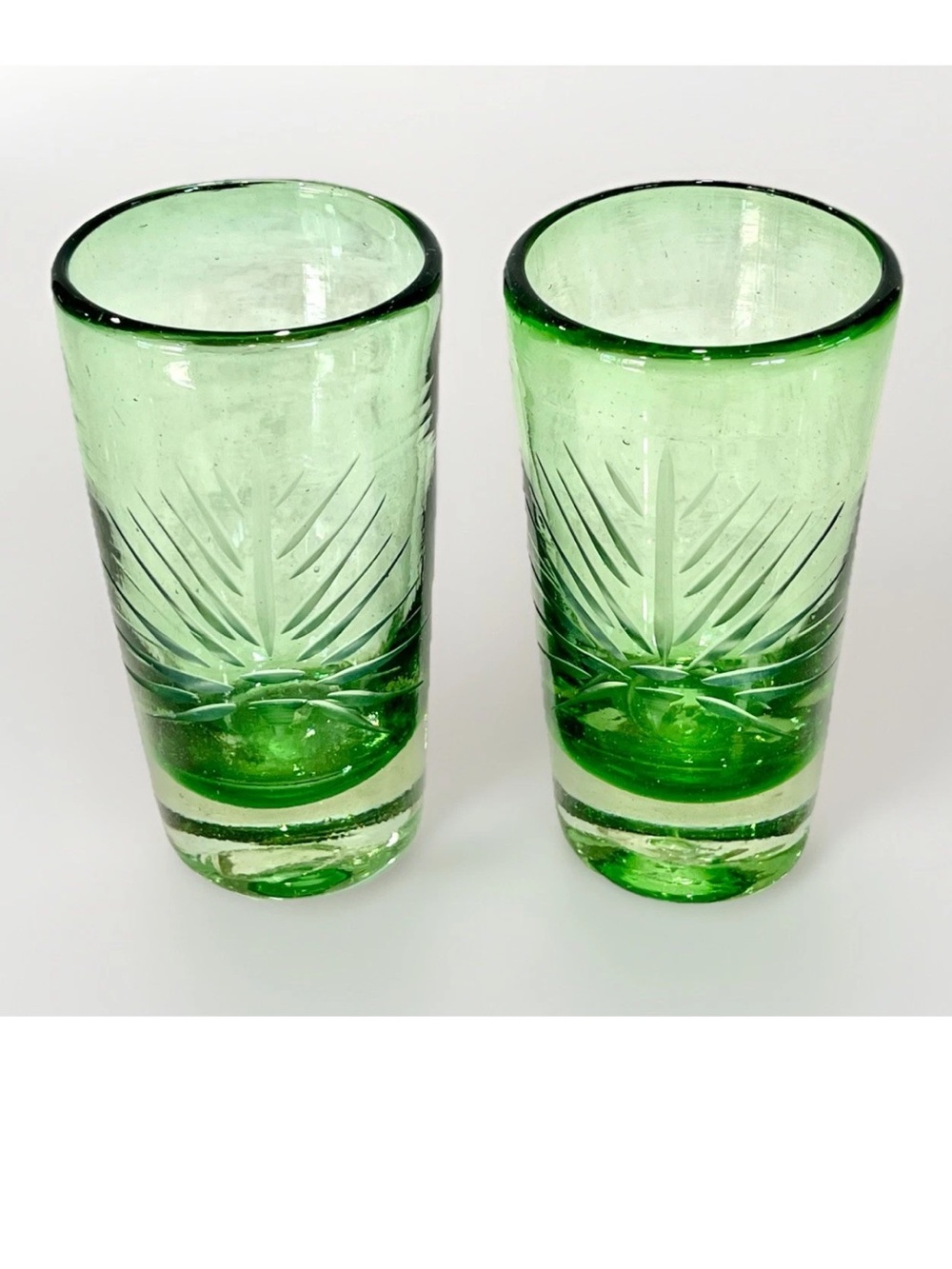Hand Blown Green Glass Tumbler Set (2) Thick Glass w/Large Etched Design